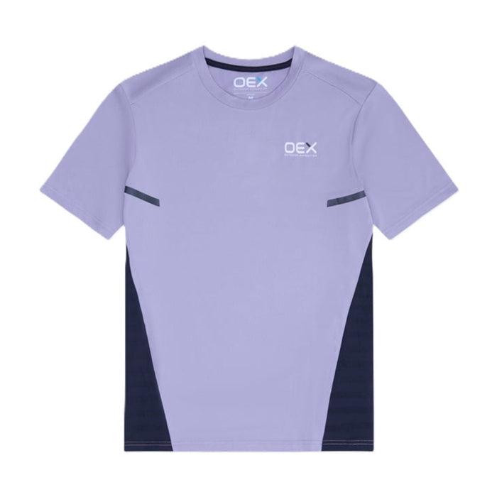 OEX Mens 3 Piece Co Ord Set short sleeve T-shirt in lilac and navy, part of the OEX mens 3 piece co ord set.