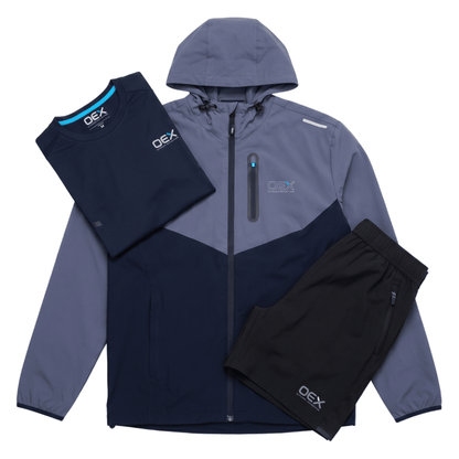 OEX mens 3 piece co ord set including jacket, t-shirt, and shorts in black and charcoal colours.
