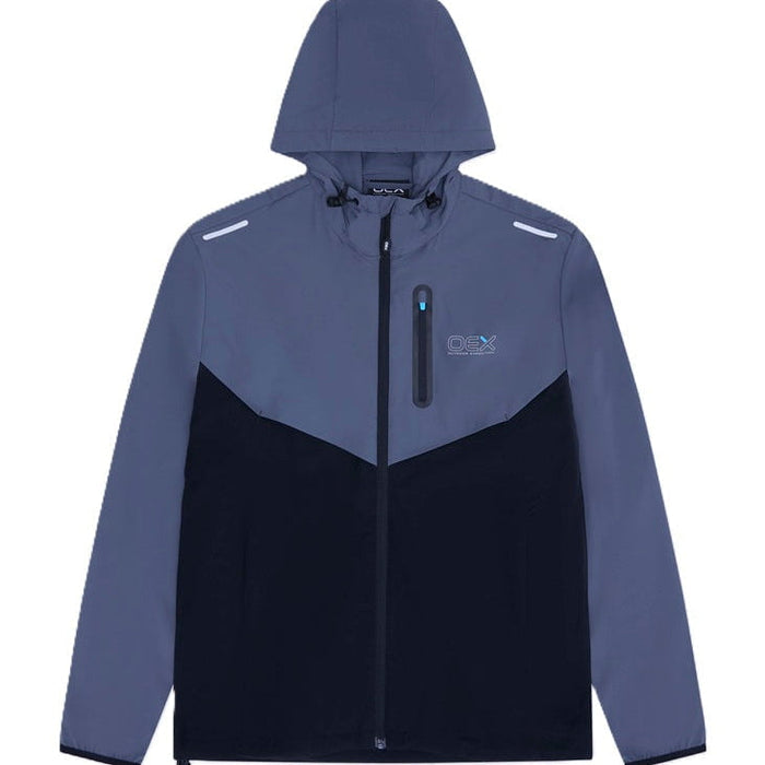 OEX Mens 3 Piece Co Ord Set Black/Charcoal jacket featuring a modern design with a hood and zip pocket.