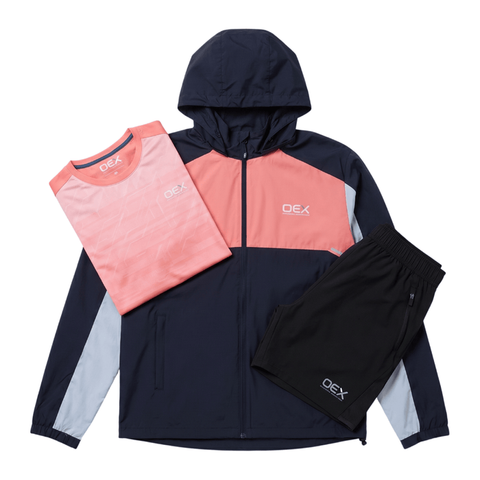 OEX Mens 3 Piece Co Ord Set Black/Coral Jacket, T-Shirt & Shorts showing stylish casual wear for men.