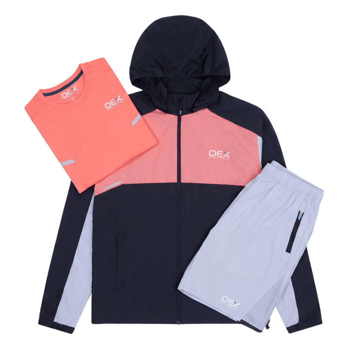OEX Mens 3 Piece Co Ord Set featuring Black, Coral, Grey jacket, t-shirt, and shorts in a stylish layout.