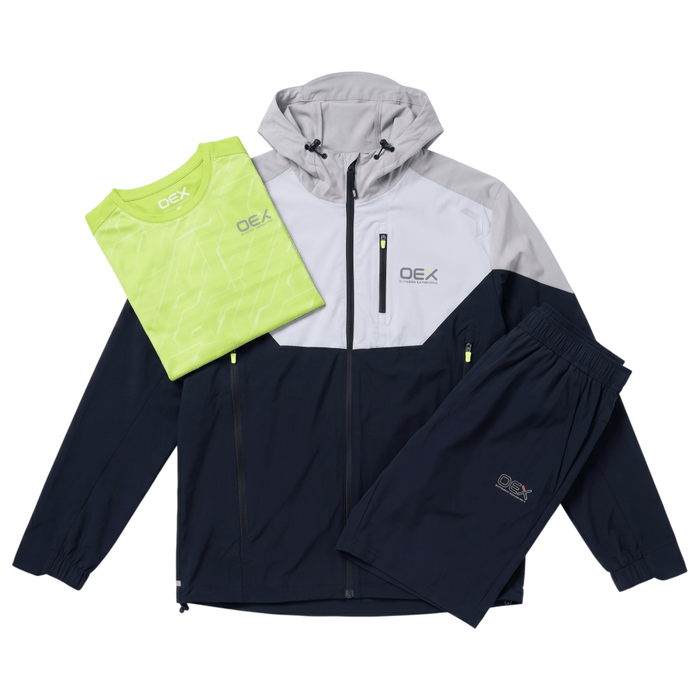 OEX Mens 3 Piece Co Ord Set Black/Lime featuring jacket, t-shirt, and shorts for stylish comfort.