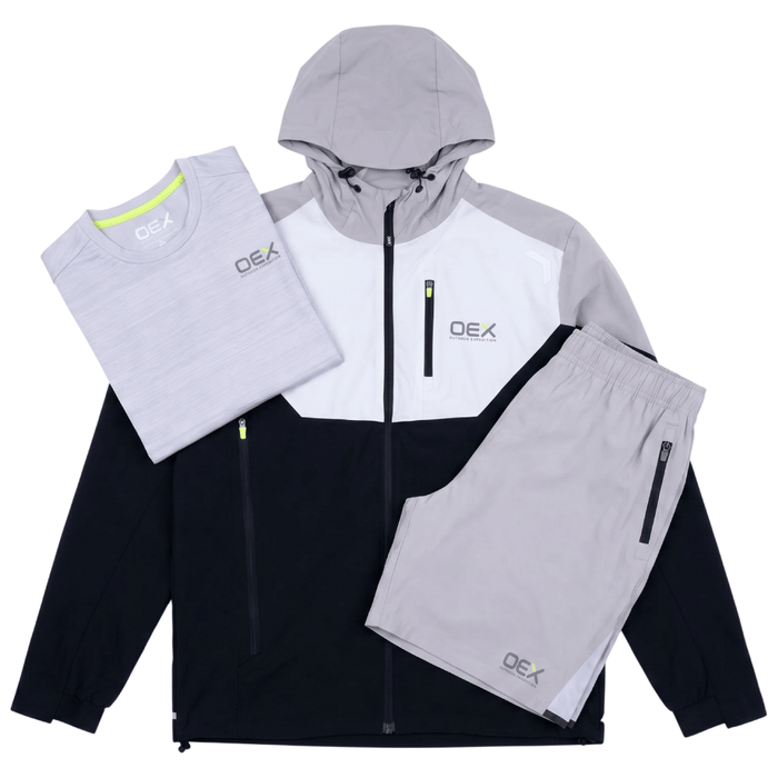 OEX mens 3 piece co ord set featuring black/taupe jacket, t-shirt, and shorts for stylish comfort.