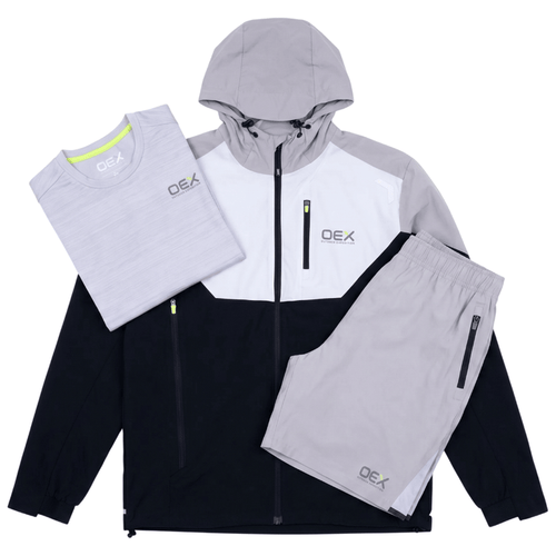 OEX mens 3 piece co ord set featuring black/taupe jacket, t-shirt, and shorts for stylish comfort.