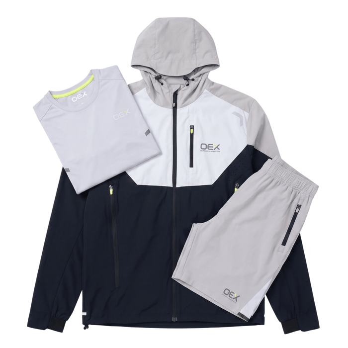 OEX Mens 3 Piece Co Ord Set Black/Taupe Jacket, T-Shirt & Shorts displayed on a white background.