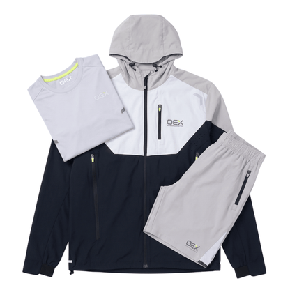 OEX Mens 3 Piece Co Ord Set Black/Taupe Jacket, T-Shirt & Shorts displayed on a white background.