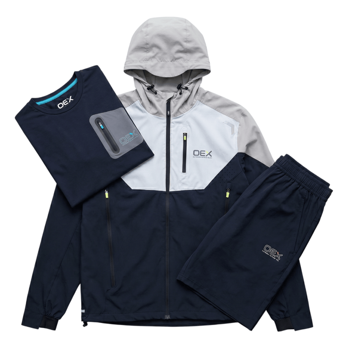 OEX Men's 3-Piece Co-Ord Set Black; includes jacket, t-shirt, and shorts in stylish black/taupe color scheme.