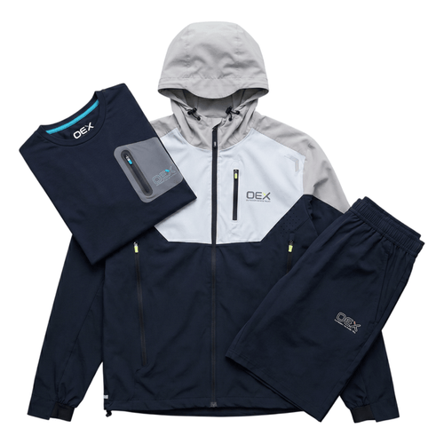 OEX Men's 3-Piece Co-Ord Set Black; includes jacket, t-shirt, and shorts in stylish black/taupe color scheme.