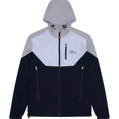 OEX Men's 3-Piece Co-Ord Set Black jacket with hood and zip pockets in black and taupe colors.