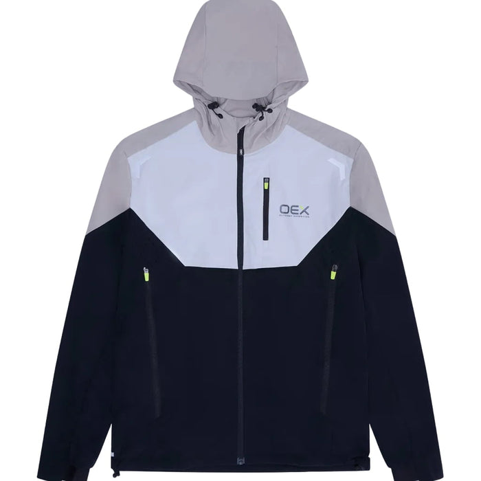 OEX Men's 3-Piece Co-Ord Set Black jacket with hood and zip pockets in black and taupe colors.