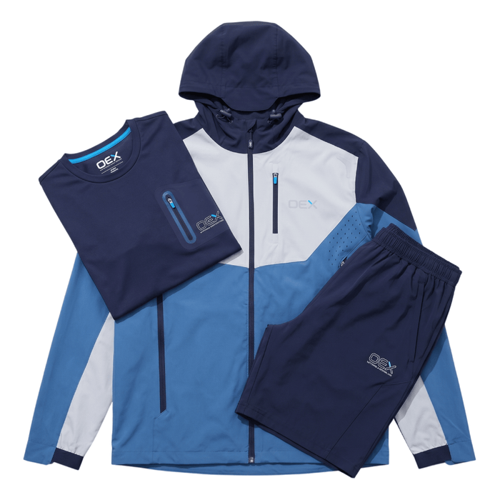 OEX mens 3 piece co ord set blue featuring a jacket, t-shirt, and shorts in blue and navy color.