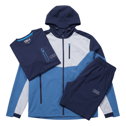 OEX mens 3 piece co ord set blue featuring a jacket, t-shirt, and shorts in blue and navy color.