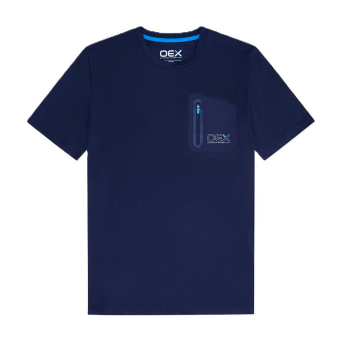 OEX mens 3 piece co ord set blue short sleeve navy t-shirt with pocket and logo.