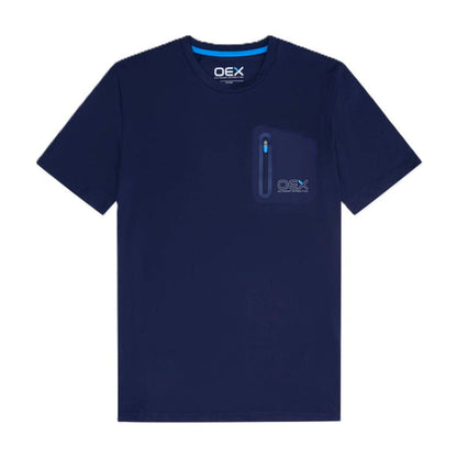 OEX mens 3 piece co ord set blue short sleeve navy t-shirt with pocket and logo.