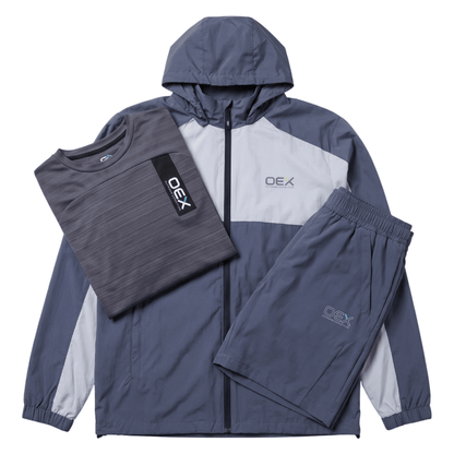 OEX Men's 3-Piece Co-Ord Set Charcoal/Grey Jacket, T-Shirt & Shorts laid out on a white background.