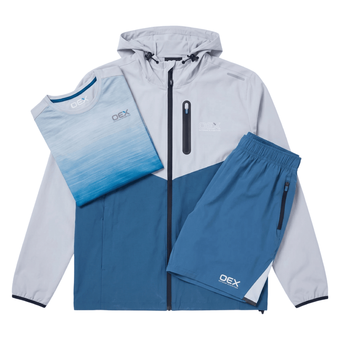 OEX Mens 3 Piece Co Ord Set Grey/Blue Jacket, T-Shirt & Shorts displayed on a white background.