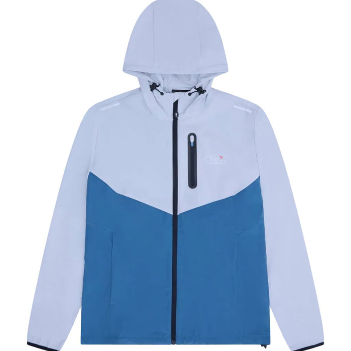 OEX Mens 3 Piece Co Ord Set Grey/Blue jacket with hood and modern colour blocking design.