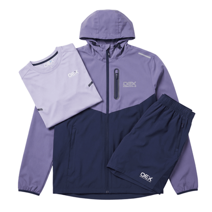 OEX Mens 3 Piece Co Ord Set Midnight/Lilac featuring a jacket, t-shirt, and shorts in complementary colors.
