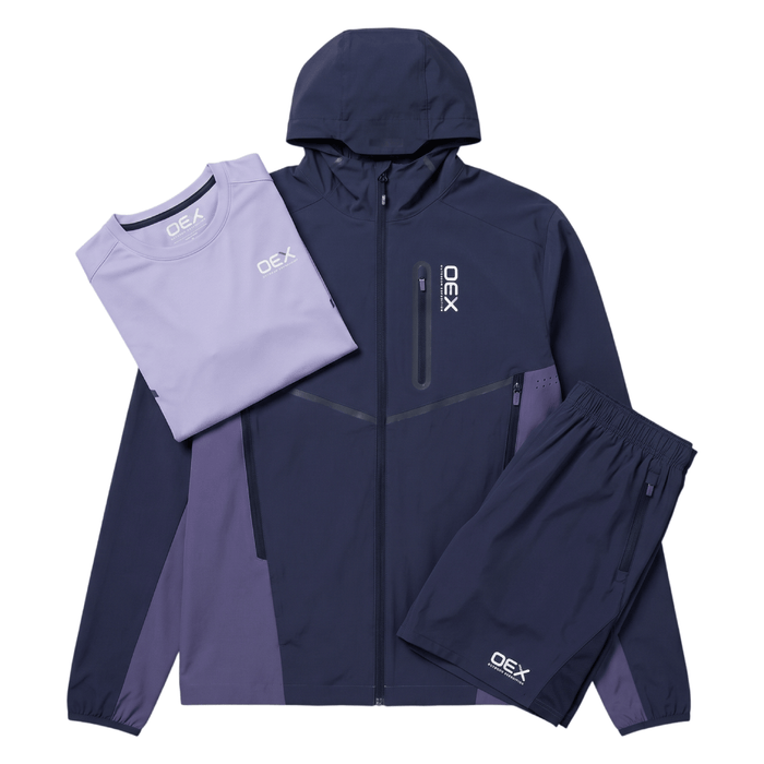 OEX mens 3 piece co ord set featuring a midnight/lilac jacket, t-shirt, and shorts for stylish comfort.