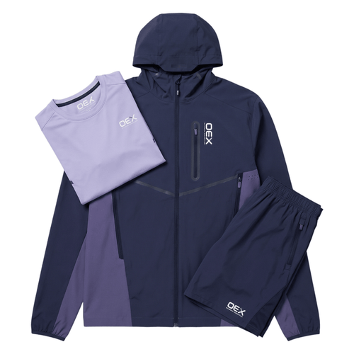 OEX mens 3 piece co ord set featuring a midnight/lilac jacket, t-shirt, and shorts for stylish comfort.