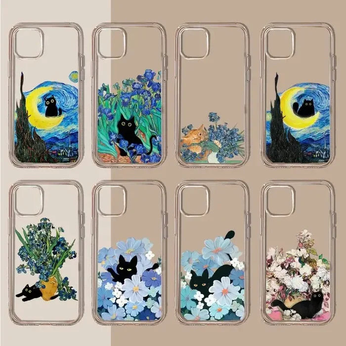 Collection of artistic phone cases featuring black cats in various floral and nature-inspired designs.