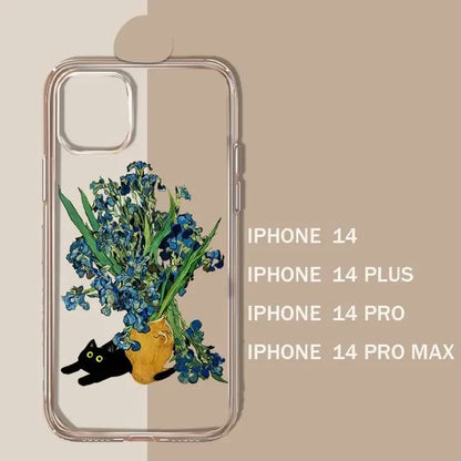 Clear phone case with a design featuring blue flowers in a yellow vase and a black cat.