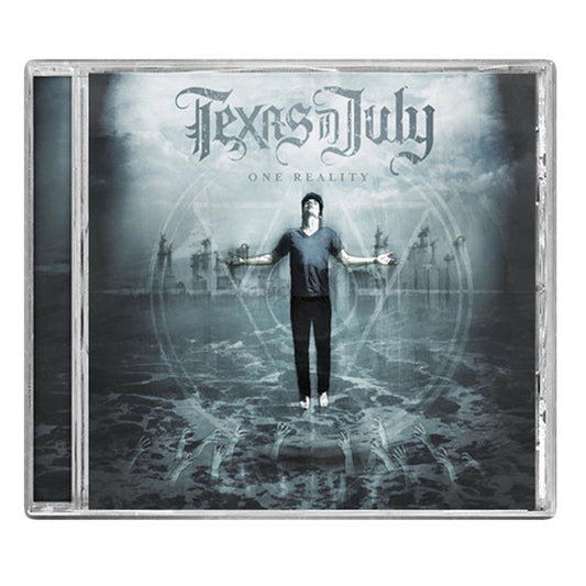 The One Reality CD cover by Texas In July shows a person floating above water with arms out, surrounded by ghostly symbols and clouds, capturing the album’s intense vibe.