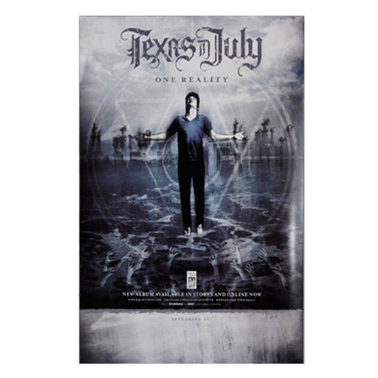Poster for the band Texas In July titled One Reality. Features a person with arms outstretched over a misty abstract background. Available in stores and online—add a poster tube at checkout for safe shipping.