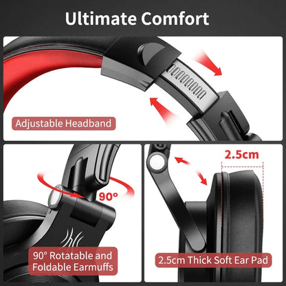 Adjustable headphones with rotatable earmuffs and soft ear pads for enhanced comfort.