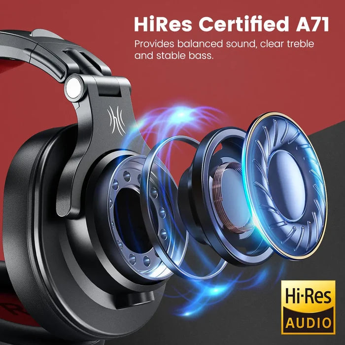 Over-ear headphones with an exploded view showing internal components and highlighting Hi-Res audio certification.
