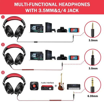 Multi-functional headphones with 3.5mm and 1/4 inch jack compatibility for various devices.
