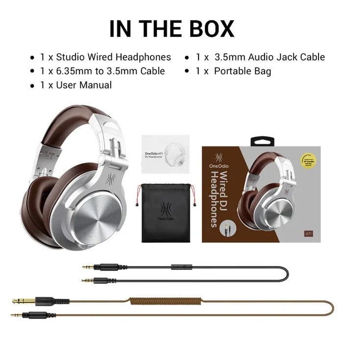 Studio wired headphones with silver ear cups and a brown headband.