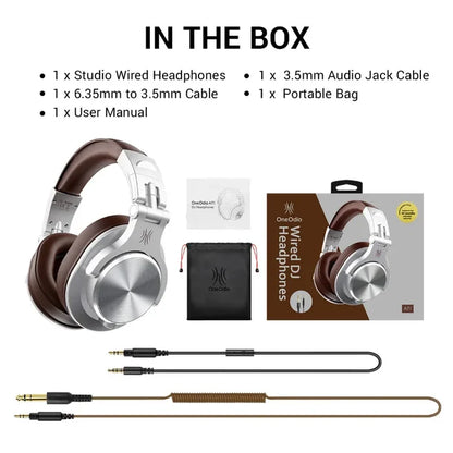 Studio wired headphones with silver ear cups and a brown headband.