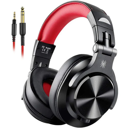 Black and red over-ear headphones with audio cables.