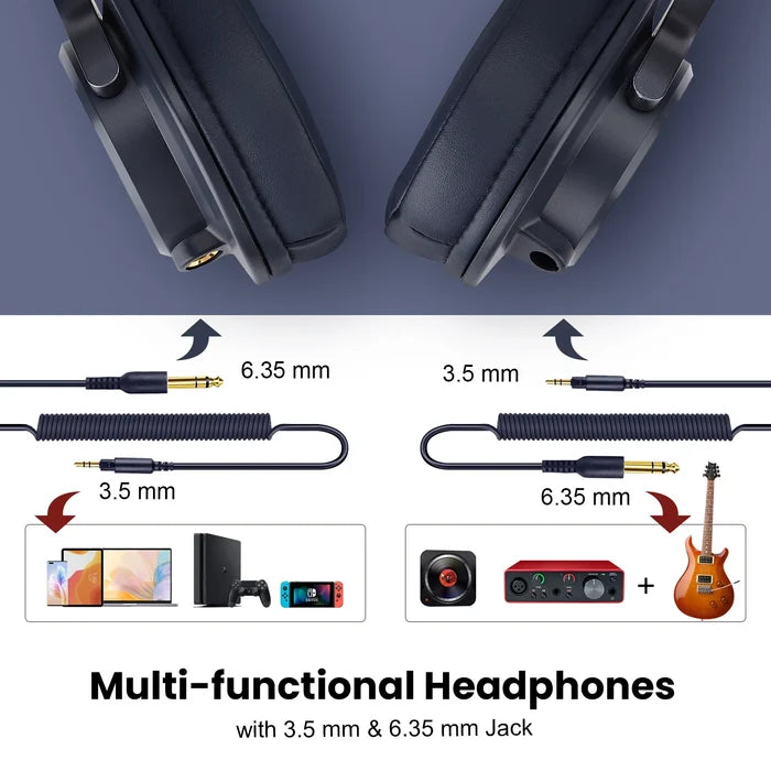 Multi-functional headphones with 3.5 mm and 6.35 mm jack.