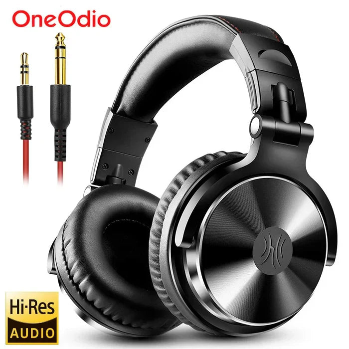 Over-ear headphones with a black and silver design featuring a detachable audio cable.