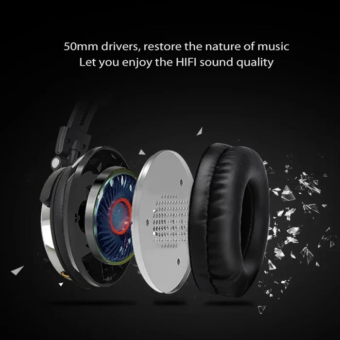 Exploded view of a headphone showing its internal components and 50mm drivers.