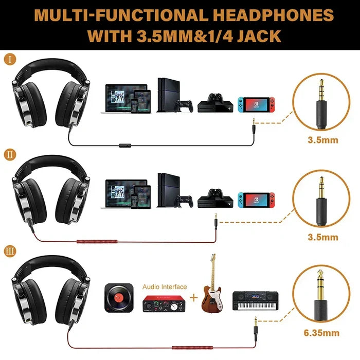 Multi-functional headphones with 3.5mm and 1/4 inch jack compatibility for various devices.