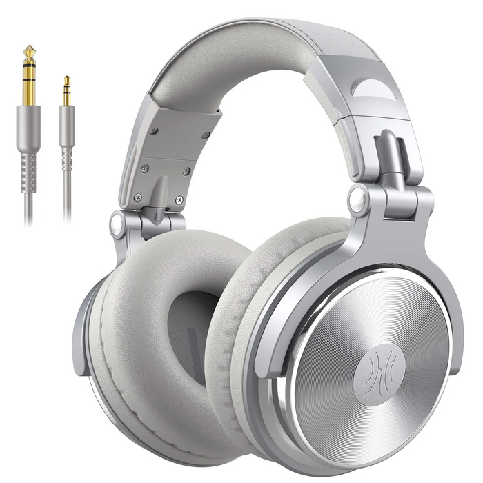 Over-ear headphones with a silver metallic finish and detachable audio cable.