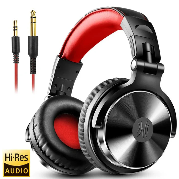 Over-ear headphones with red and black color scheme and metal accents.