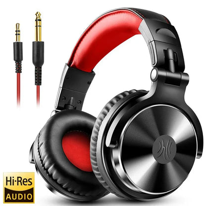 Over-ear headphones with red and black color scheme and metal accents.