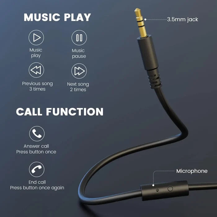 Audio cable with integrated microphone and control buttons for music playback and call functions.
