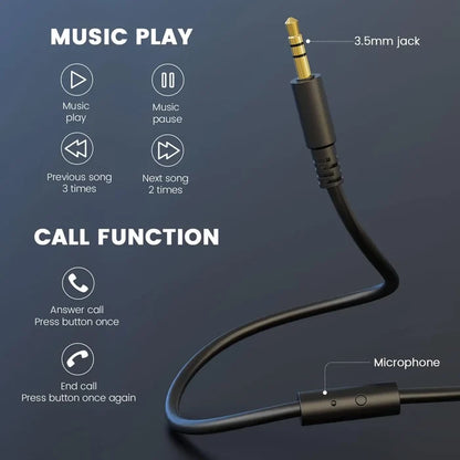 Audio cable with integrated microphone and control buttons for music playback and call functions.