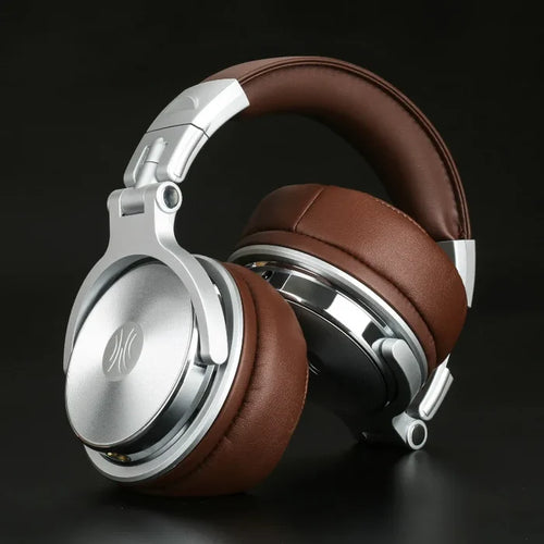 Silver and brown leather headphones.