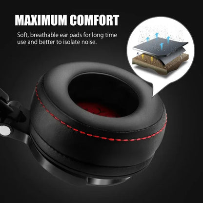Black headphone earcup with red stitching.