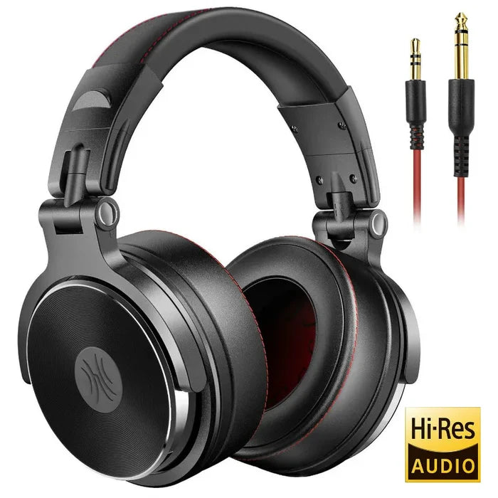 Black over-ear headphones with audio cables.
