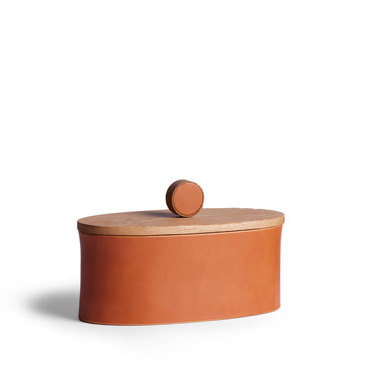 Oval Container in Oak and Tan Leather