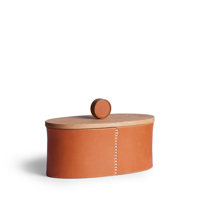 Oval Container in Oak and Tan Leather