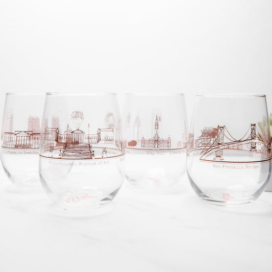 Philadelphia Skyline Stemless Wine Glasses - Ali's Wagon