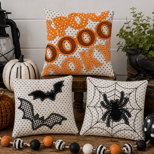 Three decorative square throw pillows styled in a fall Halloween setting. The top pillow features orange and brown polka-dot donuts spelling 'BOO' on a white background with black dots.